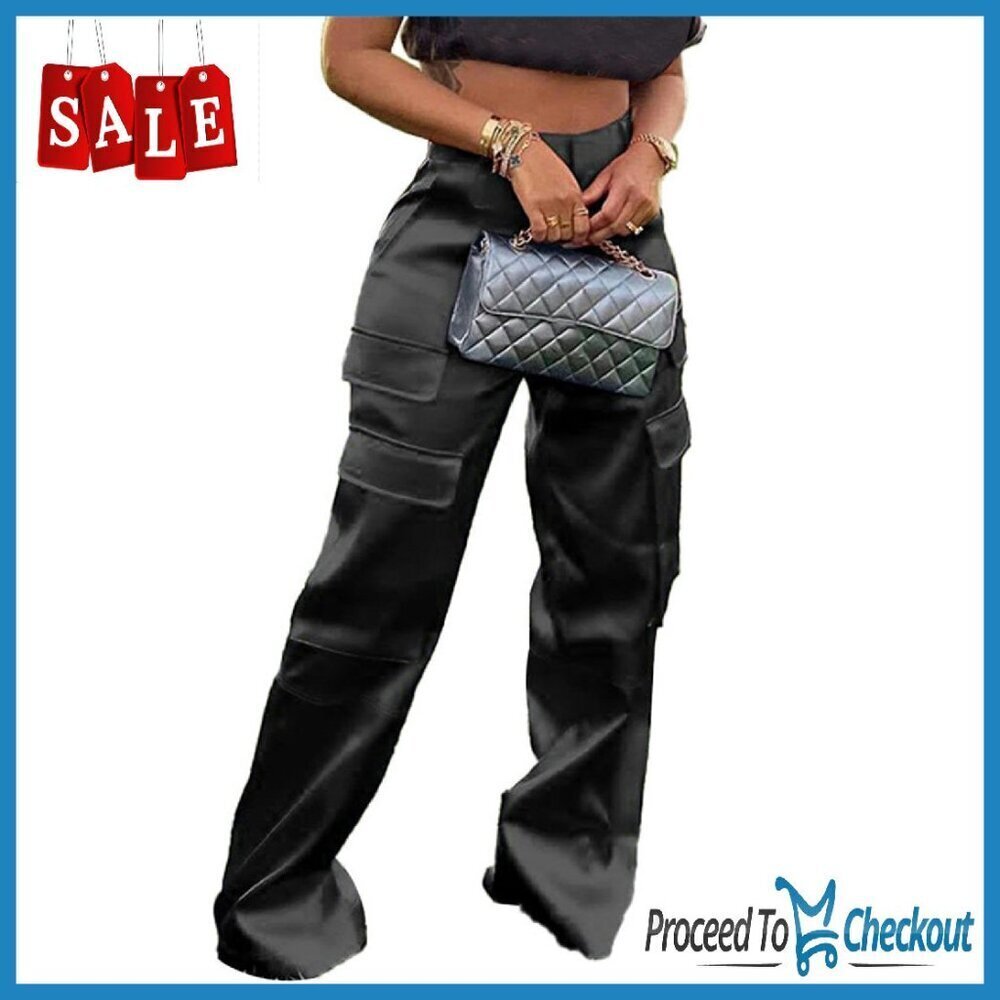 High Waisted Satin Cargo Pants Wide Leg Casual with Pockets